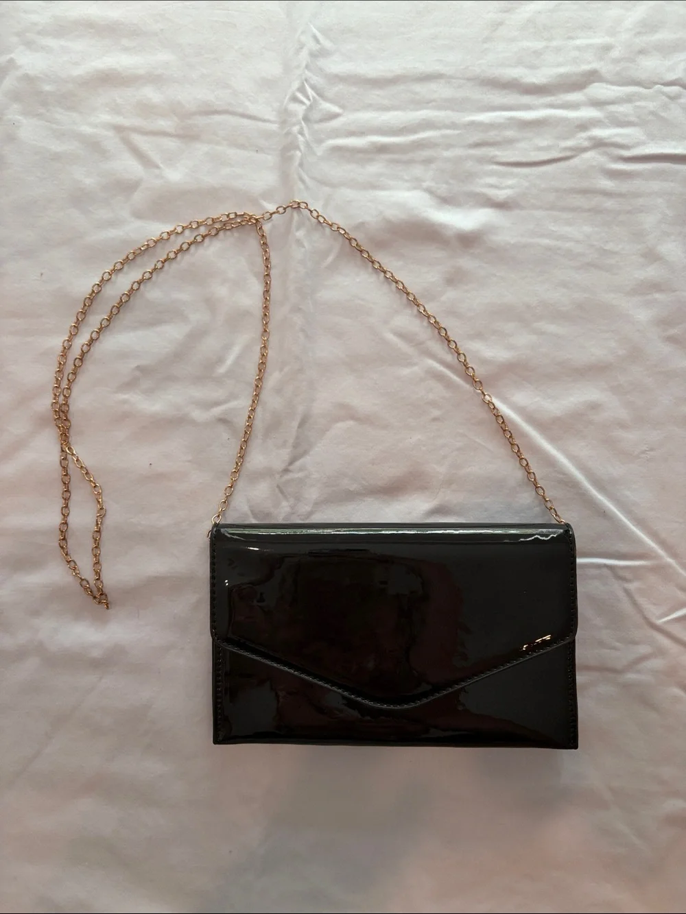 Steve Madden Black Patent Envelope Clutch with Gold Chain